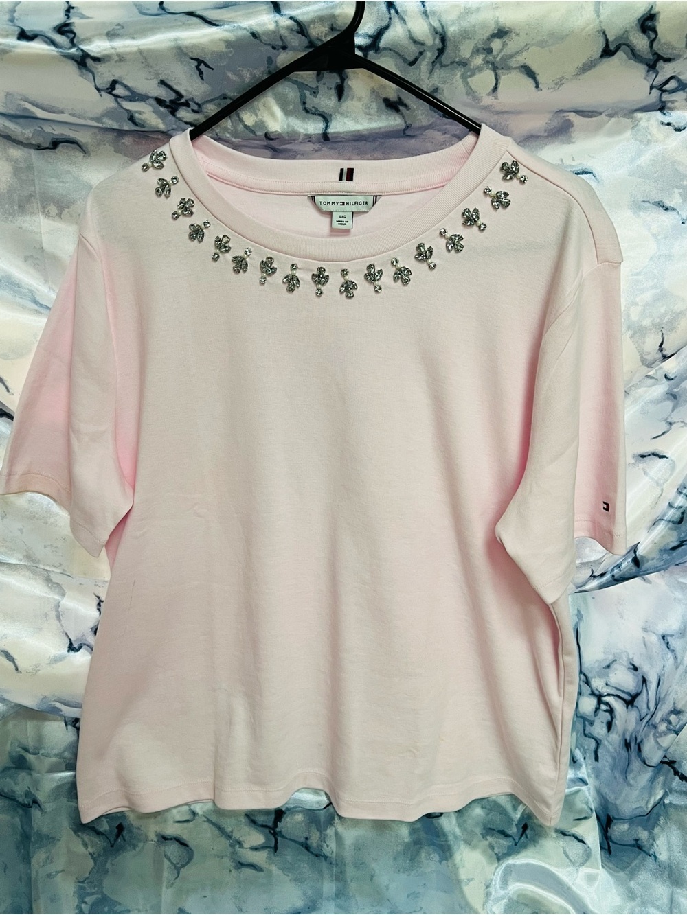 Tommy Hilfiger Light Pink Crewneck Tee with Rhinestone Neckline